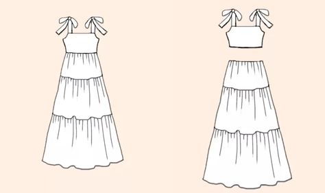 Easy Dresses To Sew For Beginners, How To Sew Maxi Dress, Simple Tiered Dress Pattern, Three Tier Skirt Pattern, Long Summer Dress Pattern, Sewing Flowy Dress, Tired Dress Pattern, Easy Sew Skirts For Women, Simple Maxi Dress Pattern