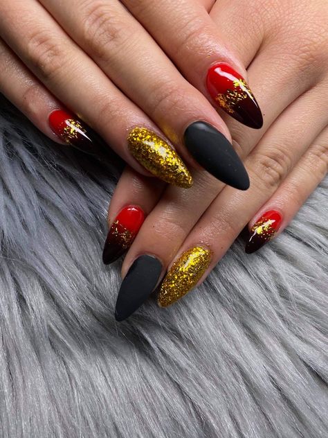 Gold Red Black Nails, Circus Ringmaster Nails, Black Red And Gold Nail Designs, Nails Red Black Gold, Red Black And Yellow Nails, Gold Red And Black Nails, Red Black Gold Nails Design, Red September Nails, Red Black And Gold Outfit Ideas