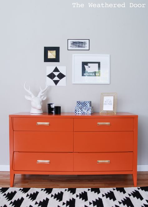 Persimmon mcm dresser WD-1 Orange Painted Furniture, Mid Century Modern Dresser Makeover, Orange Dresser, Orange Furniture, Bedroom Furniture Makeover, Mid Century Dresser, Mid Century Modern Dresser, Orange Decor, Trendy Bedroom