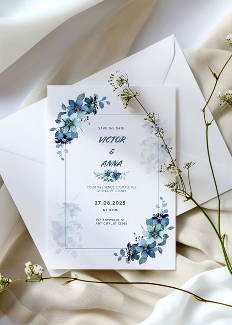 Celebrate your love with the captivating allure of nature! Our Blue Wildflower Wedding Invitation Template evokes the tranquility of a wildflower meadow in full bloom. Its rustic charm and delicate blue wildflowers perfectly capture the essence of an elegant celebration.  This editable digital template allows you to personalize your invitation, making it a unique reflection of your love story.   Announce your big day with this printable invitation, setting the stage for an unforgettable garden wedding or a cozy barn reception.  .#WeddingInvitations #DIYWedding #WeddingStationery #WeddingInspiration #WeddingPlanning Blue Winter Wedding Invitations, Blue Wedding Invitations Elegant, Blue Wildflower Wedding, Cute Wedding Invitations, Wedding Invitations Blue, Blue Wildflowers, Wedding Invitation Digital, Outdoor Garden Wedding, Wildflower Wedding Invitations