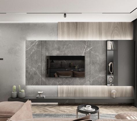 Tv Wall Design Grey, Classy Tv Wall, Tv Wall Grey, Minimalist Tv Unit, Contemporary Tv Wall, Grey Tv Unit, Living Room Designs India, Luxury Tv Wall, Tv Wall Panel