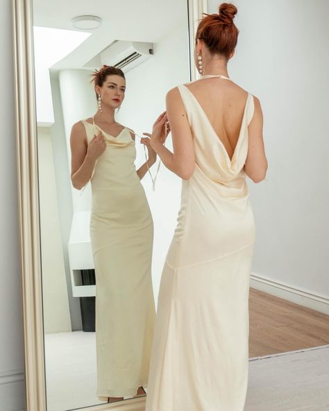 Let’s hear it for the back of the dress - Ofelia dress Cowl Back Wedding Dress, Satin Wedding Dress Simple, High Neck White Dress, Satin Cowl Neck Dress, Cowl Back Dress, Cowl Dress, White Slip Dress, Back Wedding Dress, Dress Open Back