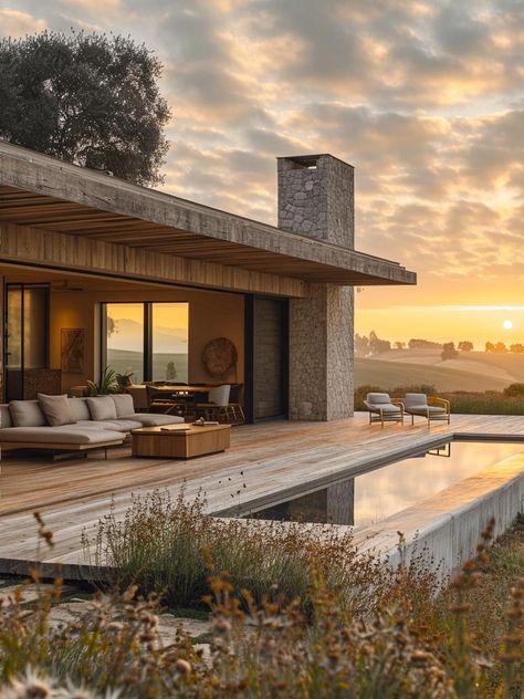 Long pool patio in backyard wooden deck secluded ranch home Mountain Pool Ideas, Ranch Homes Interior, Backyard Wooden Deck, Ranch Homes Exterior, House Hillside, Ranch Style Homes Interior, California Ranch Style Homes, Contemporary Ranch Home, Long Pool