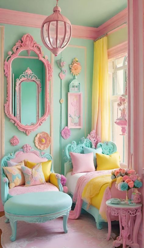 Living Room Ideas Acnh, Room Ideas Acnh, Pastel Library, Small Coastal Living Room, Pastel Bedroom, Colorful Room Decor, Pastel Home Decor, Barbie Room, Pastel House