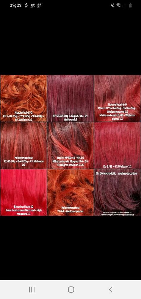 Wella Color Formulas Copper Red Hair, Wella Reds, Hair Color Formulas Wella, Red Hair Formulas, Toning Formulas, Red Hair Colour, Wella Formulas, Wella Toner, Paul Mitchell Color