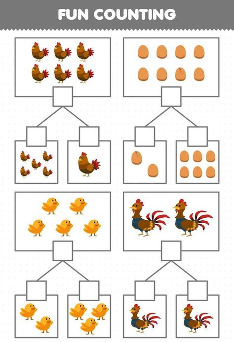 Education game for children fun counting picture in each box of cute cartoon chicken hen egg chick rooster printable farm worksheet Rooster Printable, Farm Worksheet, Cute Game, Cartoon Chicken, Chicken Hen, Game For Children, Short Nail, Vector Portrait, Kindergarten Worksheets