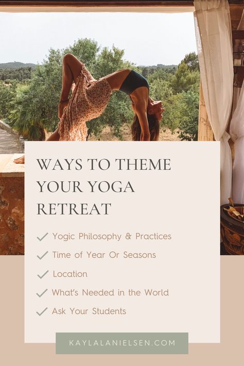 Take your yoga retreat to new heights! Dive into my guide on how to theme yoga classes. Themes add depth, purpose, and uniqueness to your retreat, creating an unforgettable experience for participants. Ready to elevate your teaching? Let's explore the world of themed classes! #YogaRetreat #ThemedClasses #YogaExperience Yoga Retreat Ideas, Yoga Class Themes, Retreat Activities, Retreat Themes, Fitness Retreat, Yoga Themes, Womb Healing, Retreat Gifts, Yoga Philosophy