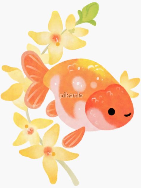 "Ranchu and Forsythias 2" Sticker by pikaole | Redbubble Kawaii Fish Drawing, Kawaii Fish, Fish Template, Illustration Art Design, Carpe Koi, Shadow Box Art, Upcycled Art, Fish Drawings, Printed Cushion Covers