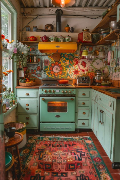 Revitalize the charm of past decades by integrating retro appliances and furniture into a boho kitchen. This blend of old and new creates a dynamic and nostalgic kitchen environment. Click for more retro boho kitchen revival ideas. Bright Boho Kitchen, Hippy Kitchens, Farmhouse Boho Kitchen, Boho Kitchen Curtains, Coastal Boho Kitchen, Eclectic Dishes, Hippie Kitchen, Boho Chic Kitchen, Boho Style Kitchen