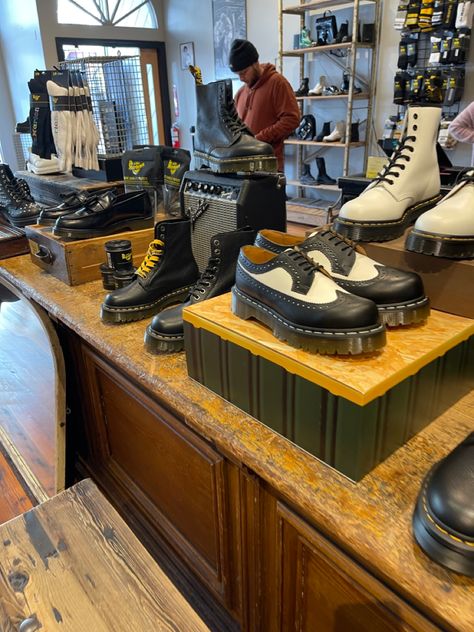 My picture. DR MARTENS STORE IN SF. Shoes Table, Dr Martens Store, Table Display, Dream Board, Doc Martens, Dr. Martens, Spring Break, Shoe Rack, Design Inspo