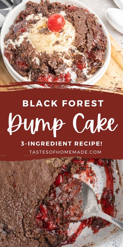 Black Forest dump cake is a quick and easy dessert with just 3 ingredients.  This chocolate cherry cake uses cans of cherry pie filling, chocolate cake mix, and butter to create a delicious take on the traditional Black Forest cake.  Much like a cobbler, this easy recipe combines a sweet cherry filling with a rich and gooey cake with a crunchy crust.  It is perfect with a dollop of whipped cream or a scoop of ice cream. Chocolate Box Cake With Cherry Pie Filling, Black Forest Dump Cake 4 Ingredients, Black Forest Dump Cake Recipes, Chocolate Cherry Dump Cake 3 Ingredients, Chocolate Cherry Dump Cake Recipes, Easy Dump Cake Recipes 3 Ingredients, Cherry Dump Cake Recipes 3 Ingredients, Black Forest Dump Cake, Easy Black Forest Cake