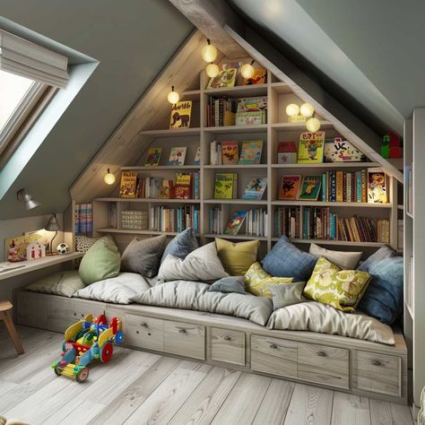 Converted Attic Playroom, Small Attic Playroom Ideas, Kids Attic Playroom, Kids Loft Playroom, Attic Playroom Ideas Sloped Ceiling, Loft Playroom Ideas, Attic Kids Bedroom, Attic Bonus Room Ideas, Attic Nursery