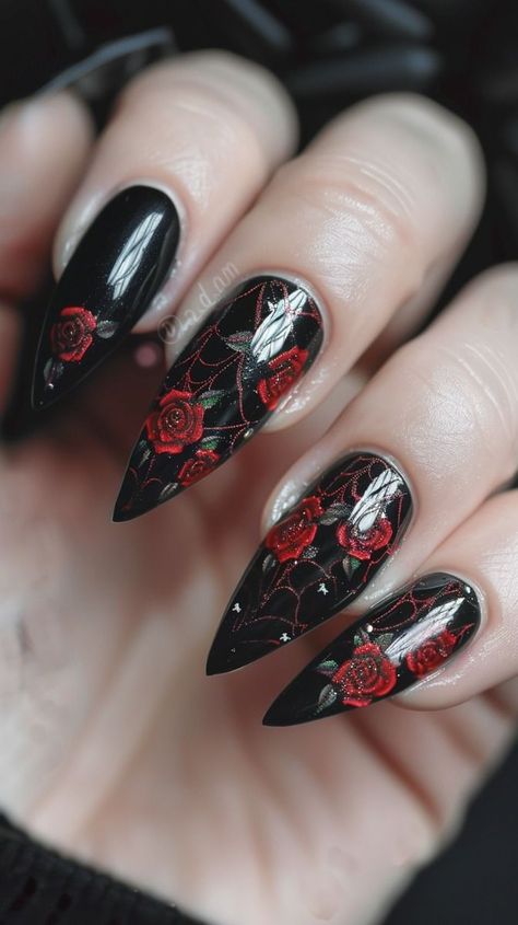 Red And Black Nails Rose, Moody Red Nails, Dark Romance Nails Ideas, Lace Nail Art Designs, Moody Wedding Nails, Red Black Nails Acrylic, Red And Black Wedding Nails, Dark Romance Nails, Lace Design Nails