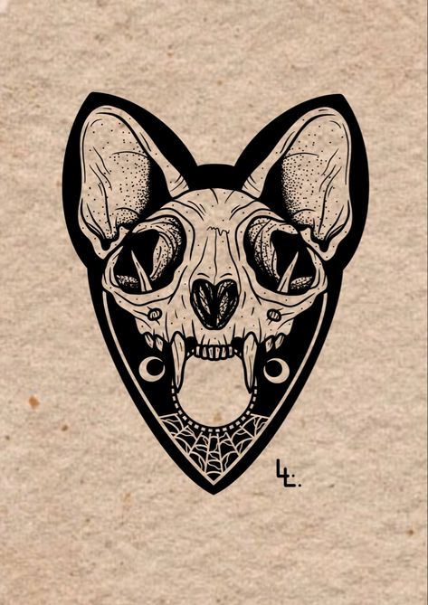 Ouija Planchette Tattoo Design, Ouija Board Planchette Drawing, Quija Board Tattoo, Oujia Board Tattoos, Ouija Board Planchette Tattoo, Creepy Cat Tattoo, Ouija Planchette Drawing, Gothic Cat Tattoo, Spooky Cat Tattoo