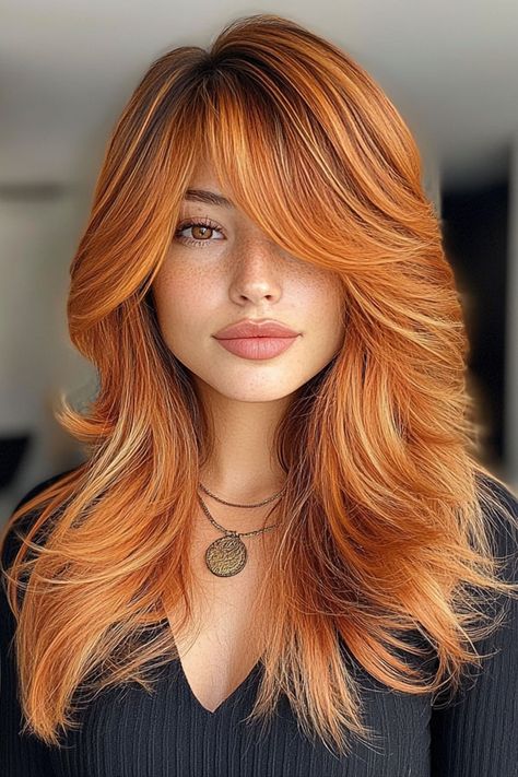 Voluminous Pumpkin Spice Layers, pumpkin hair colour Spice Hair Color, Pumpkin Spice Hair Color, Long Brown Bob, Soft Curtain Bangs, Pumpkin Spice Hair, Pumpkin Hair, Hair Colour Ideas, Soft Bangs, Hair Color Orange