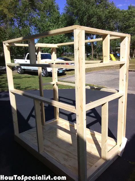 DIY 4x6 Shooting Stand | HowToSpecialist - How to Build, Step by Step DIY Plans Lean To Garden Shed, Homemade Deer Blinds, Deer Blind Plans, Tree Stand Hunting, Deer Hunting Stands, Hunting Shack, Shooting Stand, Shooting House, Deer Stand Plans