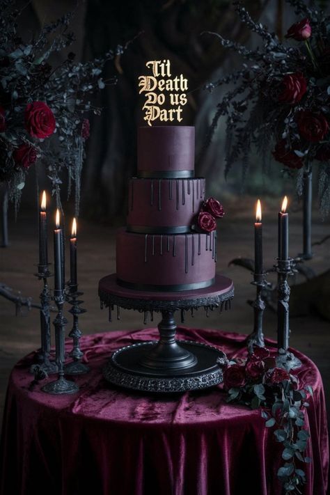 Explore dark wedding ideas that will add an eerie elegance to your big day. Learn how to craft unique gothic decor with easy-to-follow tips. Elegant Goth Wedding Cake, Simple Gothic Wedding Ideas, Black Wedding Tablescape, Dark Wedding Diy, Simple Goth Wedding Cake, Halloween Wedding Ideas Purple And Black, Gothic Wedding Ideas Decor, Gothic Christmas Wedding, Haunted Wedding Theme