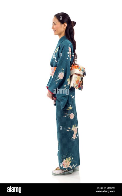 Side view of a pretty Japanese kimono woman standing isolated over white background Stock Photo - Alamy Kimono Side View, Kimono Woman, Body Reference, Reference Poses, Woman Standing, Japanese Kimono, Side View, Art Reference Poses, Print Images