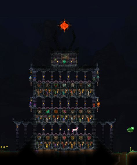 Trophy Room   Boss Item Hall! Terraria Castle, Terraria House Ideas, Terraria House Design, Terraria House, Terraria Builds, Geometric Art Animal, Terrarium Ideas, Trophy Rooms, Minecraft Architecture