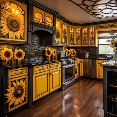 Sunflower Themed Kitchen, Sunflower Home Decor, Sunflower Kitchen Decor, Sunflower Kitchen, Country House Decor, Dream House Decor, Home N Decor, Rustic Kitchen, Dream Home Design