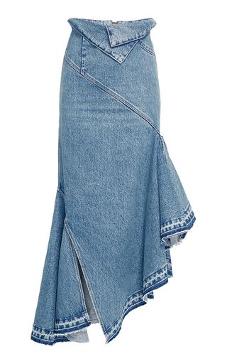 Shop luxury denim at Moda Operandi. Browse our boutique of expertly curated selection featuring the latest fashion trends. Vestiti In Jeans, Look Jean, High Waisted Denim Skirt, Trendy Sewing, Denim Ideas, Blue Denim Skirt, Trumpet Skirt, Sewing Skirts, Denim Midi Skirt