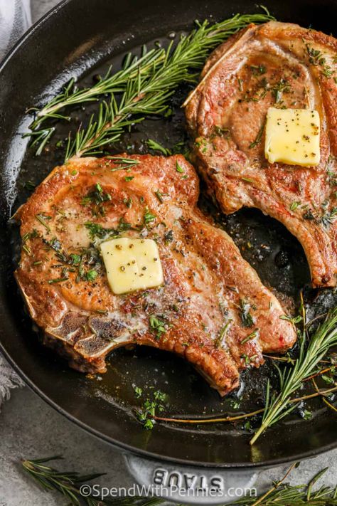 Sunday Pork Chops, Pork With Bone Recipes, Pork Chop Thyme Recipes, Pork Chops With Thyme, Pork Chop Recipes With Bone, Seared Bone In Pork Chops, In Bone Pork Chop Recipes, Pork Loin Chops Recipes Bone In, Pan Seared Thick Pork Chops