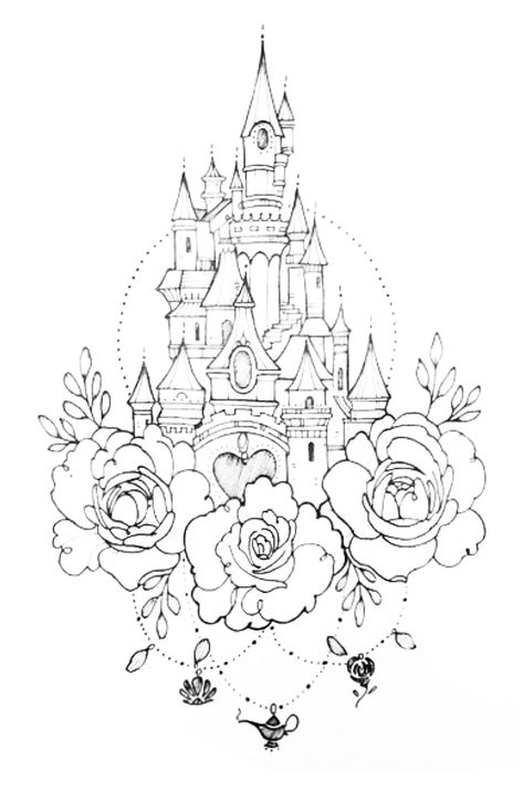 Disneyland Paris Tattoo, Disney Castle Tattoo, Princess Tower, Patchwork Tattoos, Tattoo Board, Disney Paintings, Elegant Tattoos, Disney Tattoos, Disney Drawings