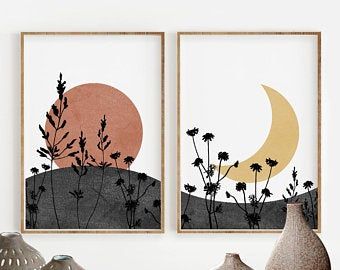 Moon Minimal, Boho Sun And Moon, Foto Muro Collage, Sun And Moon Print, Desert Moon, Celestial Magic, Boho Painting, Desain Editorial, Boho Sun