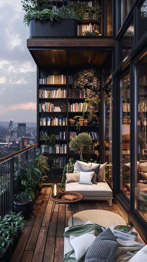 Balcony Library Ideas, Hygge Bookshelf, Butcherblock Countertops, Reading Place, Office With A View, Bedroom With Balcony, Cosy Reading, Glass Balcony, Cozy Reading Corners