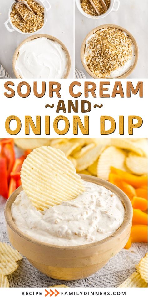 Creamy and flavorful onion dip that comes together in minutes and tastes amazing with chips, crackers and veggies. This simple recipe for the best sour cream and onion dip only uses 2 ingredients and is ready to serve in just 5 minutes. You will get the best flavor using homemade onion soup mix for this dip, but store-bought onion dip mix works well too. Homemade onion dip tastes amazing with fresh veggies, chips, pretzels or crackers. California dip, as it is also called, is a huge crowd pleas Sour Cream And Onion Dip Recipe, Sour Cream And Onion Dip, Homemade Onion Dip, Homemade French Onion Dip, Homemade French Onion Soup, Onion Dip Recipe, Homemade Sour Cream, Dip Recipes Appetizers, Sour Cream Dip