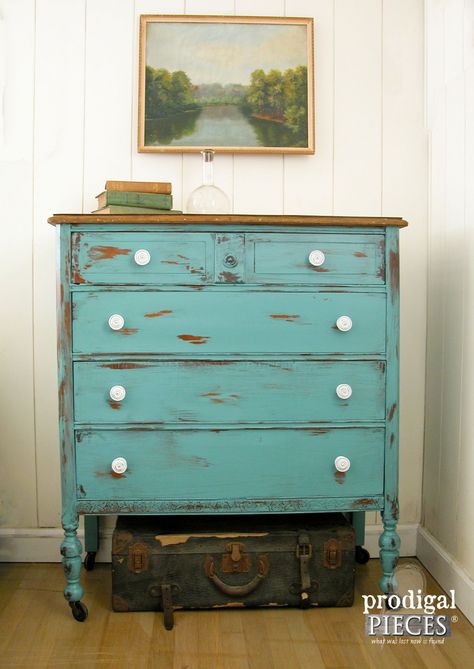 Get the Look of Distressed Paint with Petroleum Jelly | Aqua Teal Chest of Drawers by Prodigal Pieces | www.prodigalpieces.com Teal Chest Of Drawers, Farmhouse Chest Of Drawers, Distress Paint, Cottage Cozy, Farmhouse Fresh, Furniture Flipping, Vintage Chest Of Drawers, Shabby Chic Dresser, Petroleum Jelly