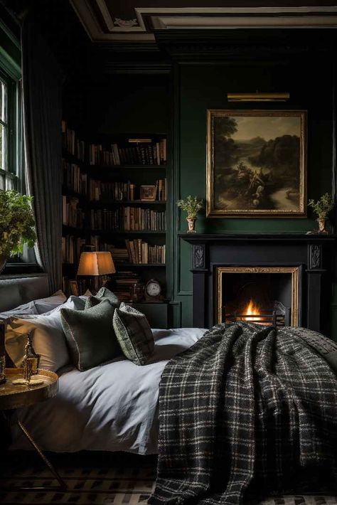 Dark Academia Bedroom Ideas, Academia House, Dark Academia Bedroom, Dark Academia Interior, Dark Green Rooms, Academia Bedroom, Academia Room, Moody Bedroom, Dark Bedroom