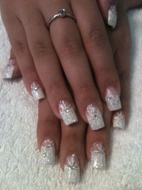 Snowflake Acrylic Nails, Acrylic Nails With White, Painted Snowflakes, Snowflake Nail Design, Nails With White, Blue And Silver Nails, Snow Nails, Glitter Tips, White And Silver Nails