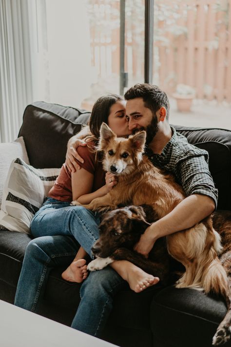 Cuddling on the couch with the doggies. Couples in home lifestyle session. Photoshoot In Home, Home Engagement Photos, Dog Family Pictures, Family Dog Photos, In Home Couples Session, Pet Photoshoot, Family Pet Photography, Lifestyle Photography Couples, Animal Photoshoot