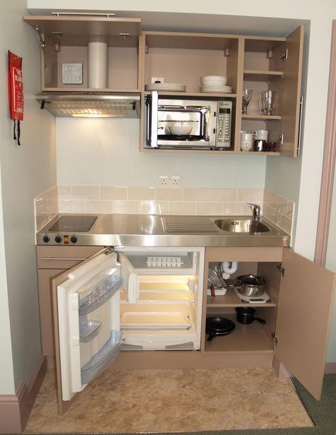 PROJECT - Bespoke kitchenette in hotel room to offer guests self catering option Hotel Kitchenette, Baie Vintage, Studio Kitchenette, Small Basement Kitchen, Kitchenette Design, Micro Kitchen, Small Kitchenette, Flooded Basement, Basement Kitchen