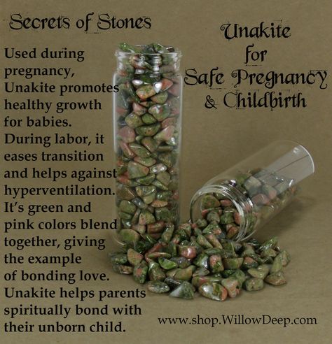 Secrets of Stones - Unakite for Safe Pregnancy and Childbirth - Crystal Healing - Used during pregnancy, Unakite promotes healthy growth for babies. During labor, it eases transition and helps against hyperventilation. It's green and pink colors blend together, giving the example of bonding love. Unakite helps parents spiritually bond with their unborn child. Birthstones Chart, Crystals 101, Pregnancy Spells, Gem Tree, Crystal Power, Gemstone Properties, Pregnancy Safe Products, Crystal Therapy, Crystal Healing Stones