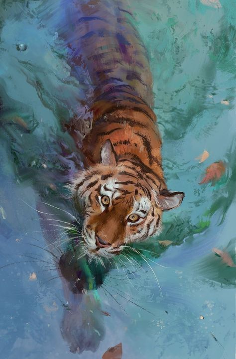 Acrylic Art Wallpaper, Paintings Of Tigers, Cute Tiger Art, Tiger Aesthetics, Tiger Reference, Tiger Swimming, Tiger Aesthetic, Tiger In Water, Water Tiger