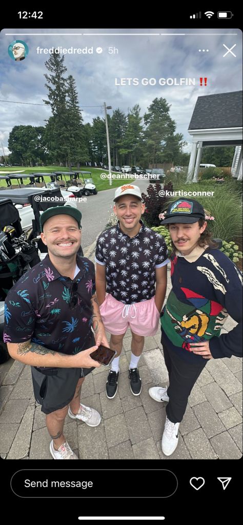 here lies a picture of (from left to right) jacob sharpe, dean hebscher, and kurtis conner prior to (or after) a golfing session. jacob seems to be having the time of his life, except he isnt. he uses his phone to distract him from his friends that dragged him by the ends of his moustache hair to go golfing. i see they're a little scruffled. dean and kurtis are hiding their hands because of the moustache residue on their guilty fingers. instead, they smile like nothing happene Jacob Sharpe, Dean Lewis Album Cover, Dean Hardscrabble, Defending Jacob Chris Evans, Dizzy Dean, Rare James Dean Photos, Kurtis Conner, Commentary Youtubers, Here Lies