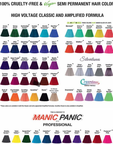 Manic Panic colors Manic Panic Color Chart, Manic Panic Electric Amethyst, Manic Panic Pink, Manic Panic Shocking Blue, Manic Panic Blue, Vivid Hair Color Ideas For Brunettes, Manic Panic Purple, Hair Dye Color Chart, Manic Panic Colors