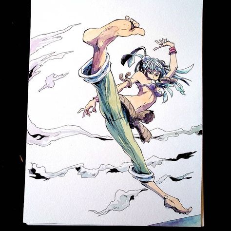 Fighter Stance Reference, Roundhouse Kick Pose, High Kick Pose, Belt Drawing, High Kick, 7th Dragon, Character Design Girl, Rope Belt, Watercolor Sketch