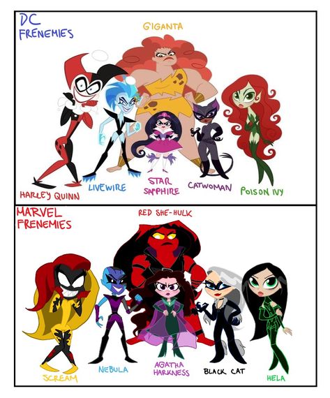 You've heard of Frenemies from DC Superhero Girls. Now get ready for Marvel Frenemies #dc #marvel #dcsuperherogirls #comics #whatif Dc Villains Female Oc, Dc Oc Girl, Female Dc Villains, Dc Superheroes Girls, Superhero Concept Art, Superhero Character Design, Dc Vs Marvel, Heroes Vs Villains, Superhero Concept