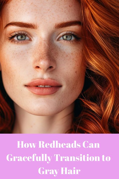 How Redheads Can Gracefully Transition to Gray Hair Grey Eyes Red Hair, Red Hair To Grey Transition, Redhead Going Grey, Red To Grey Hair Transition, Transition From Auburn Hair To Grey, Blending Gray Hair Redhead, Transition From Red To Grey Hair, Red Hair Transitioning To Gray, Grey Blending Red Hair