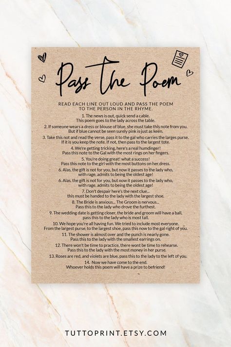 Pass the Poem bridal shower game is a fun addition to any wedding shower or bachelorette party! #bridalshower #game #rustic Bridal Shower Pass The Prize Game, Bridal Shower Games Pass The Prize, Pass The Gift Game Bridal Shower, Bridal Shower Games Pass The Poem, Bridal Shower Poems, Bridal Shower Mad Libs, Bachelorette Party Planner, Shower Black, Wedding Shower Games