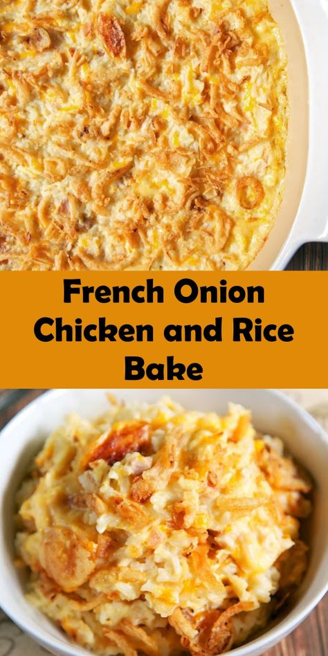 French Onion Chicken And Rice, French Fried Onion Recipes, French Onion Casserole, Fried Onions Recipe, Rice Bake Recipes, Chicken Rice Bake, Using Rotisserie Chicken, Weeknight Casseroles, Recipes Using Rotisserie Chicken