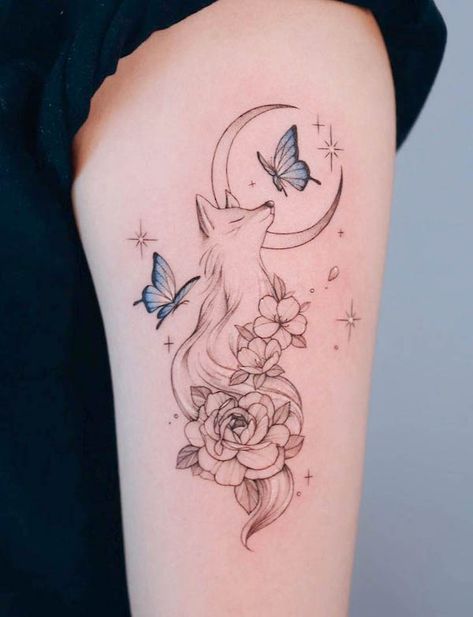 Moon Fine Line Tattoo, Fox And Moon, Cool Animal Tattoos, Small Fox Tattoo, Watercolor Fox Tattoos, Think Tattoo, Fox Tattoo Design, Our Mindful Life, Flower Tattoo Shoulder