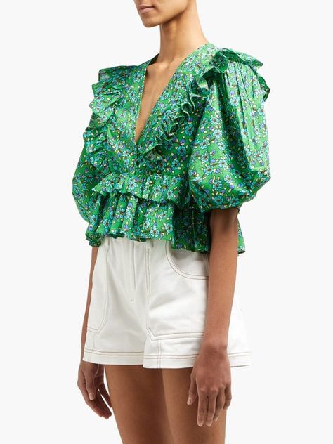 Resort Wear For Women, Ruffled Blouse, Green Floral Print, Summer Blouses, Retro Pattern, Green Print, Cotton Voile, Crop Blouse, Floral Shirt