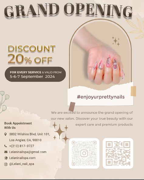 ✨WE HAVE A DATE✨ We are happy to announce the Grand Opening of Le Lani Nail Spa on September 5-6-7 2024. Mark your calendars and get ready for an extraordinary day of celebration, pampering, and exclusive offers ❤️ ❗️20% Off All Services: Enjoy a 20% discount on all our nail services. Whether it’s a manicure, pedicure, or nail art, we’ve got you covered! ✨Free Food and Drinks: Savor delicious refreshments on us! From tasty snacks to refreshing beverages, we’ve got everything to keep you en... Nail Announcement, Grand Opening Poster, Refreshing Beverages, Tasty Snacks, Nail Services, Us Nails, Manicure Pedicure, Nail Spa, Refreshing Drinks