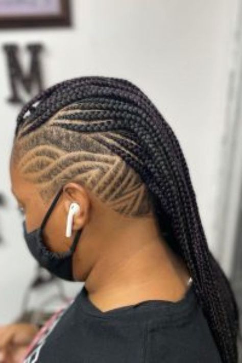 Fulani Braids With Shaved Sides Braids Shaved Sides, Cornrows With Box Braids, Shaved Designs, Shaved Side, Braids With Shaved Sides, Shaved Side Hairstyles, Braided Hairstyle, Side Hairstyles, Fulani Braids