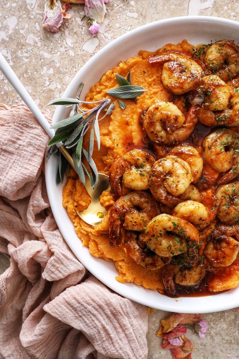 Sweet Potato Shrimp Bowl, Sweet Potatoes And Shrimp, Shrimp Sweet Potato Recipes, Shrimp And Sweet Potato Recipe, Shrimp Sweet Potato, Sweet Potatoes Healthy, Mashed Sweet Potatoes Healthy, Sweet Potato Cauliflower, Honey Shrimp