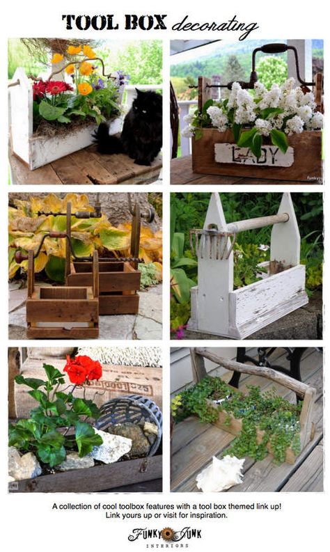 Party Junk 191 - decorating with tool boxes! - Funky Junk Interiors Theme Of The Week, Wooden Tool Box, Old Tool Boxes, Gardening Crafts, Wooden Tool Boxes, Funky Junk Interiors, Design Blogs, Tool Boxes, Funky Junk